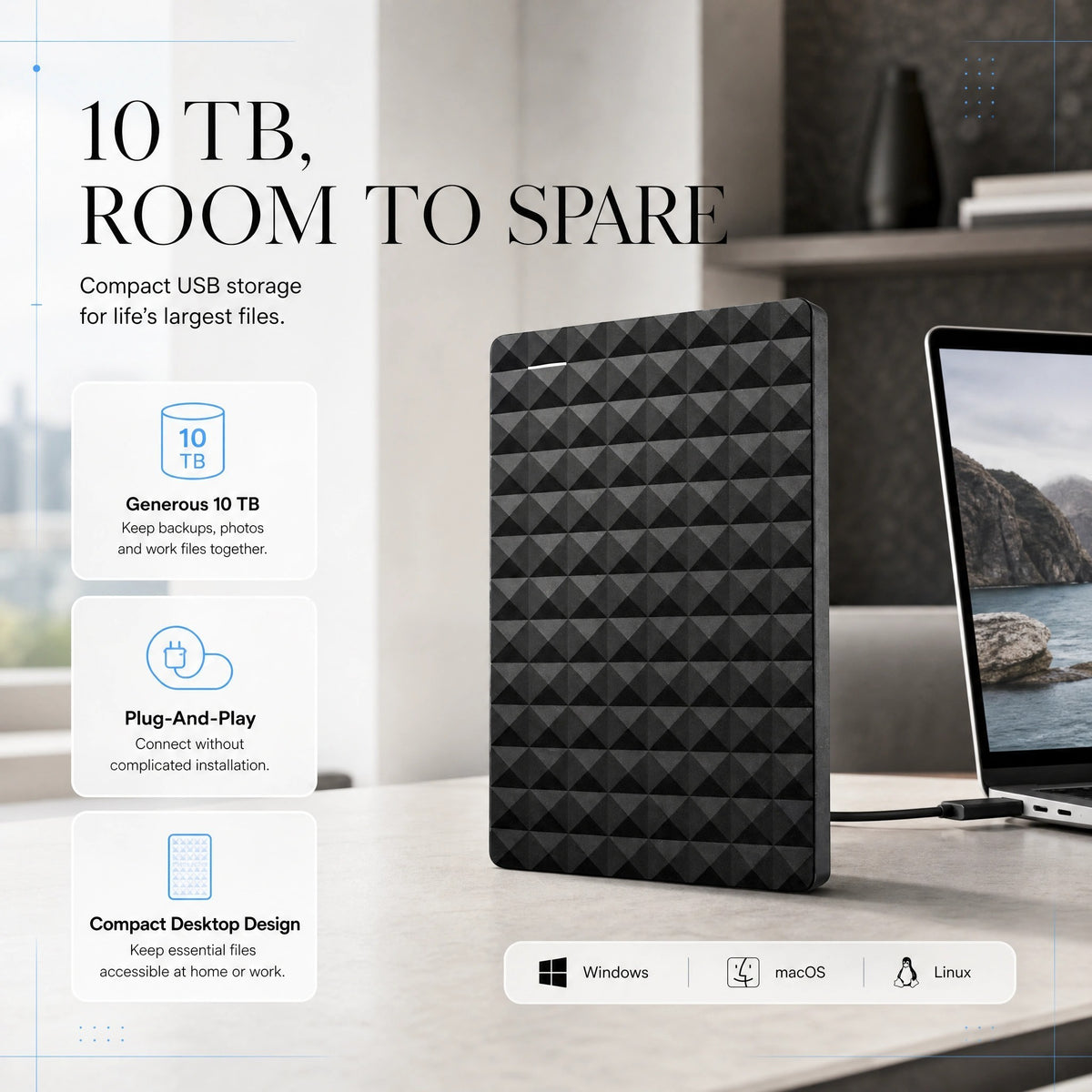 External Hard Drive with 10 TB Compact USB Storage