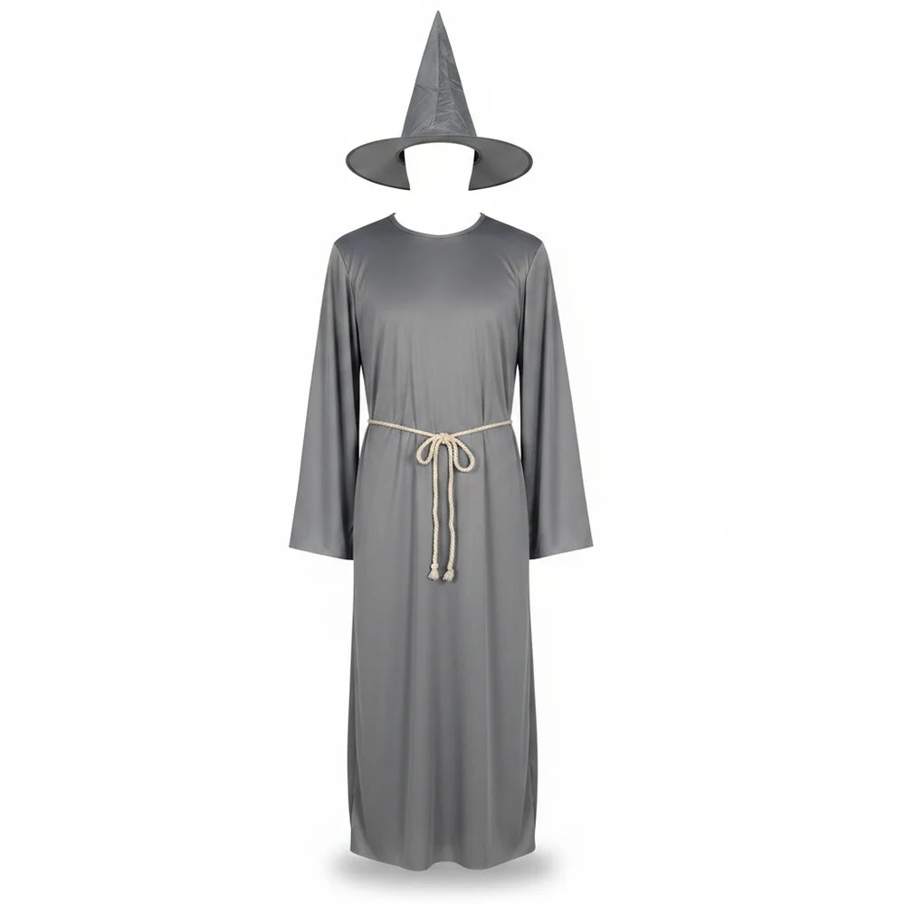 Férfi varázsló-halloweenjelmez köpennyel, zsinórral és kalappal