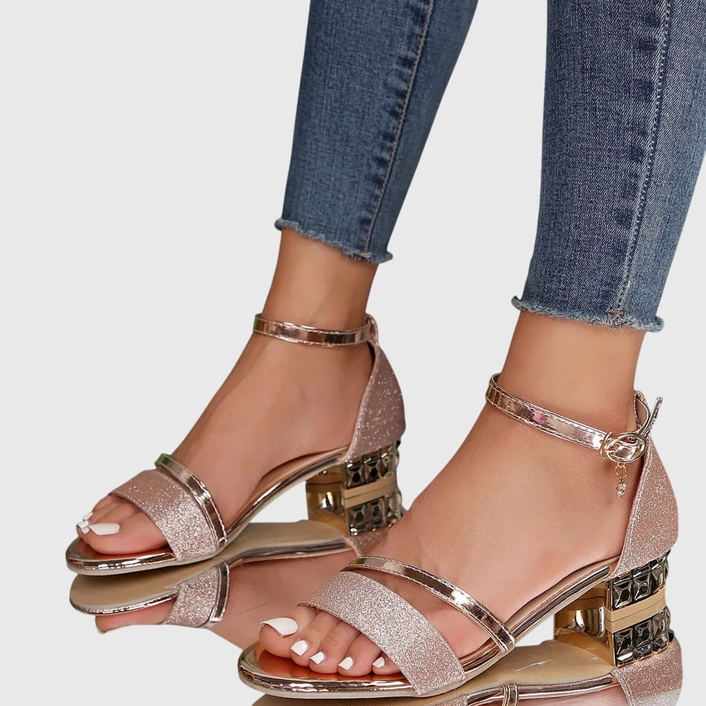 Glitter Block Heel Sandals with Metallic Ankle Strap and Buckle Fastening