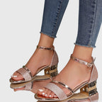 Glitter Block Heel Sandals with Metallic Ankle Strap and Buckle Fastening