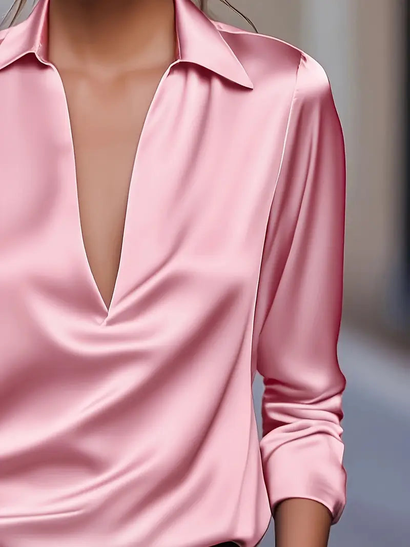Collared V-Neck Blouse for Women with Long Sleeves and Smooth Finish