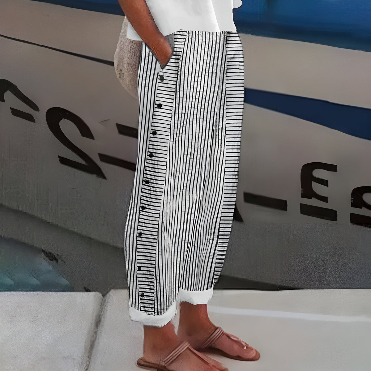 Pantalon rayé pour femmes, taille élastique, jambes droites