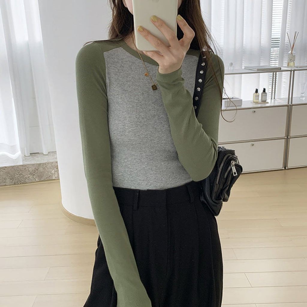 Women's Raglan Long Sleeve Top with Contrast Sleeves and Round Neck