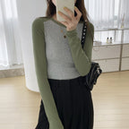 Women's Raglan Long Sleeve Top with Contrast Sleeves and Round Neck