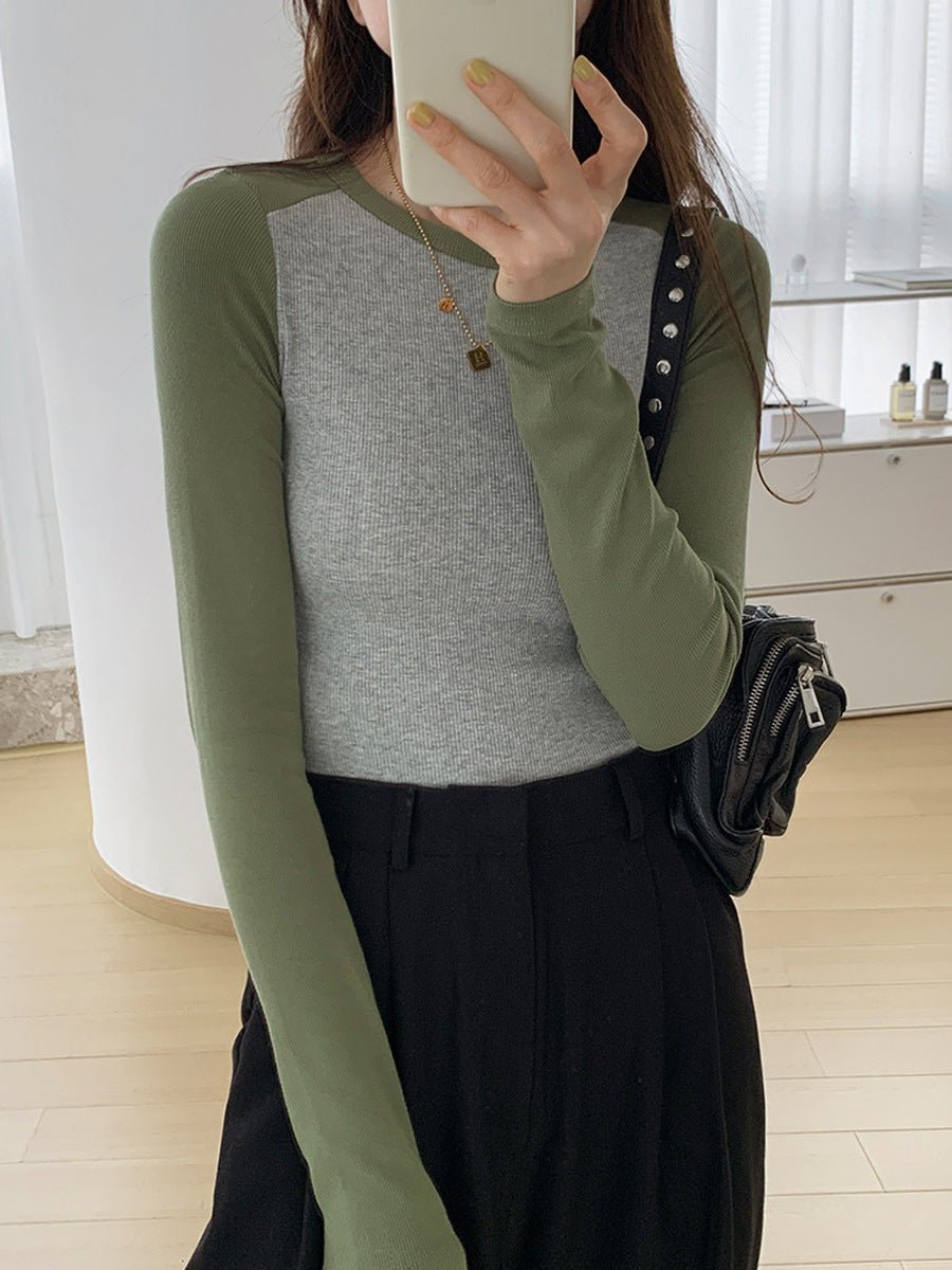Haut raglan à manches longues pour femme, avec manches contrastées et col rond