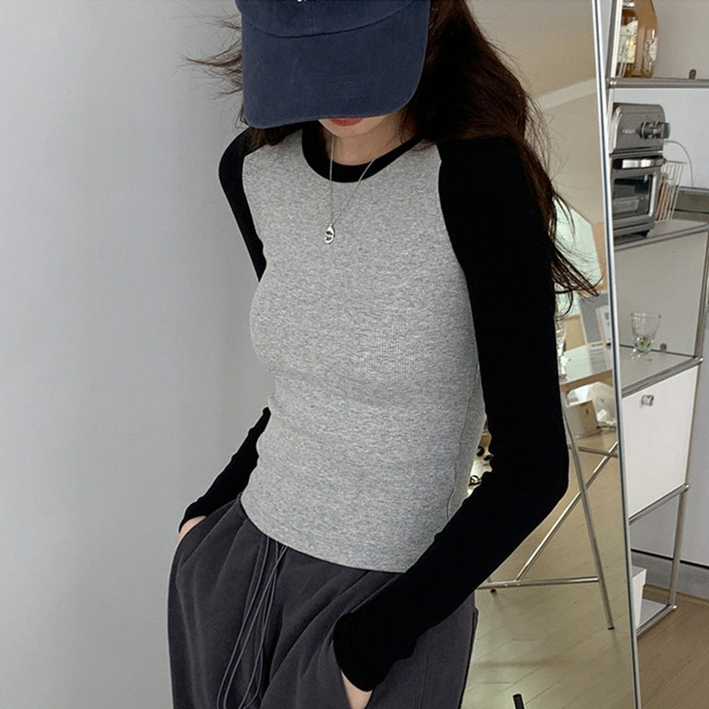 Women's Raglan Long Sleeve Top with Contrast Sleeves and Round Neck
