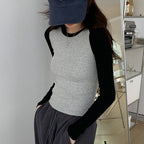 Women's Raglan Long Sleeve Top with Contrast Sleeves and Round Neck