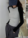 Haut raglan à manches longues pour femme, avec manches contrastées et col rond