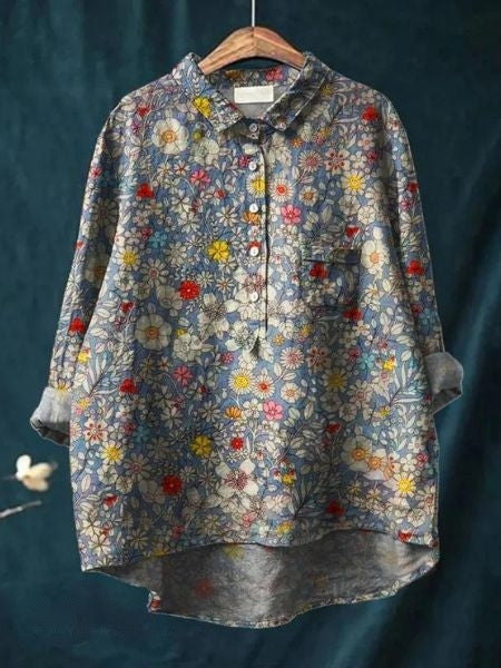 Chemise fleurie à manches longues avec col pour femme