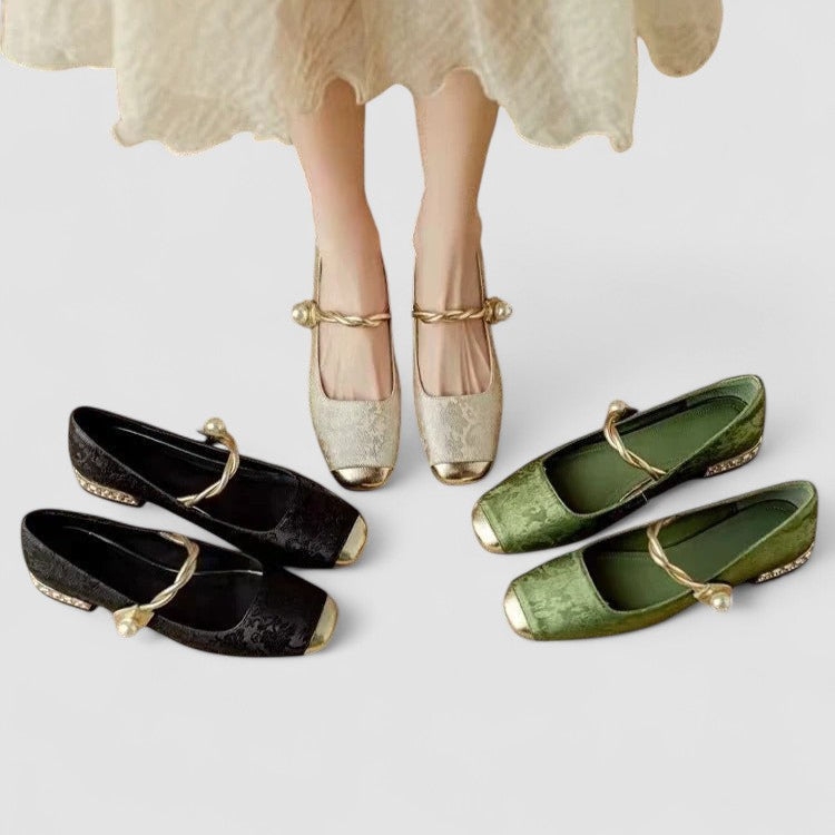 Mary Jane Block Heel Shoes with Jacquard Upper and Pearl Strap for Wedding Guest