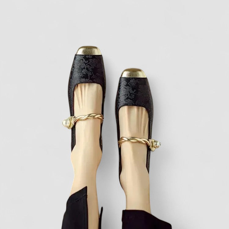 Mary Jane Block Heel Shoes with Jacquard Upper and Pearl Strap for Wedding Guest