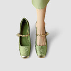 Mary Jane Block Heel Shoes with Jacquard Upper and Pearl Strap for Wedding Guest