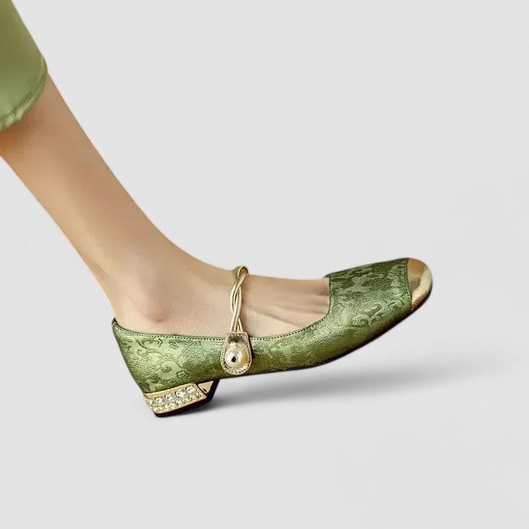 Mary Jane Block Heel Shoes with Jacquard Upper and Pearl Strap for Wedding Guest