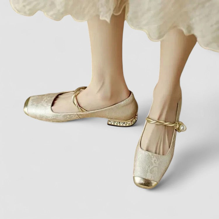 Mary Jane Block Heel Shoes with Jacquard Upper and Pearl Strap for Wedding Guest