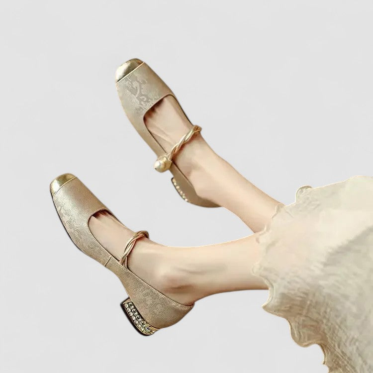 Mary Jane Block Heel Shoes with Jacquard Upper and Pearl Strap for Wedding Guest