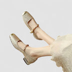 Mary Jane Block Heel Shoes with Jacquard Upper and Pearl Strap for Wedding Guest