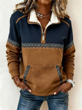 Women's Sherpa Collar Pullover Hoodie with Tribal Print and Color-Blocked Design