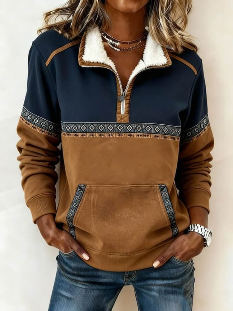 Women's Sherpa Collar Pullover Hoodie with Tribal Print and Color-Blocked Design