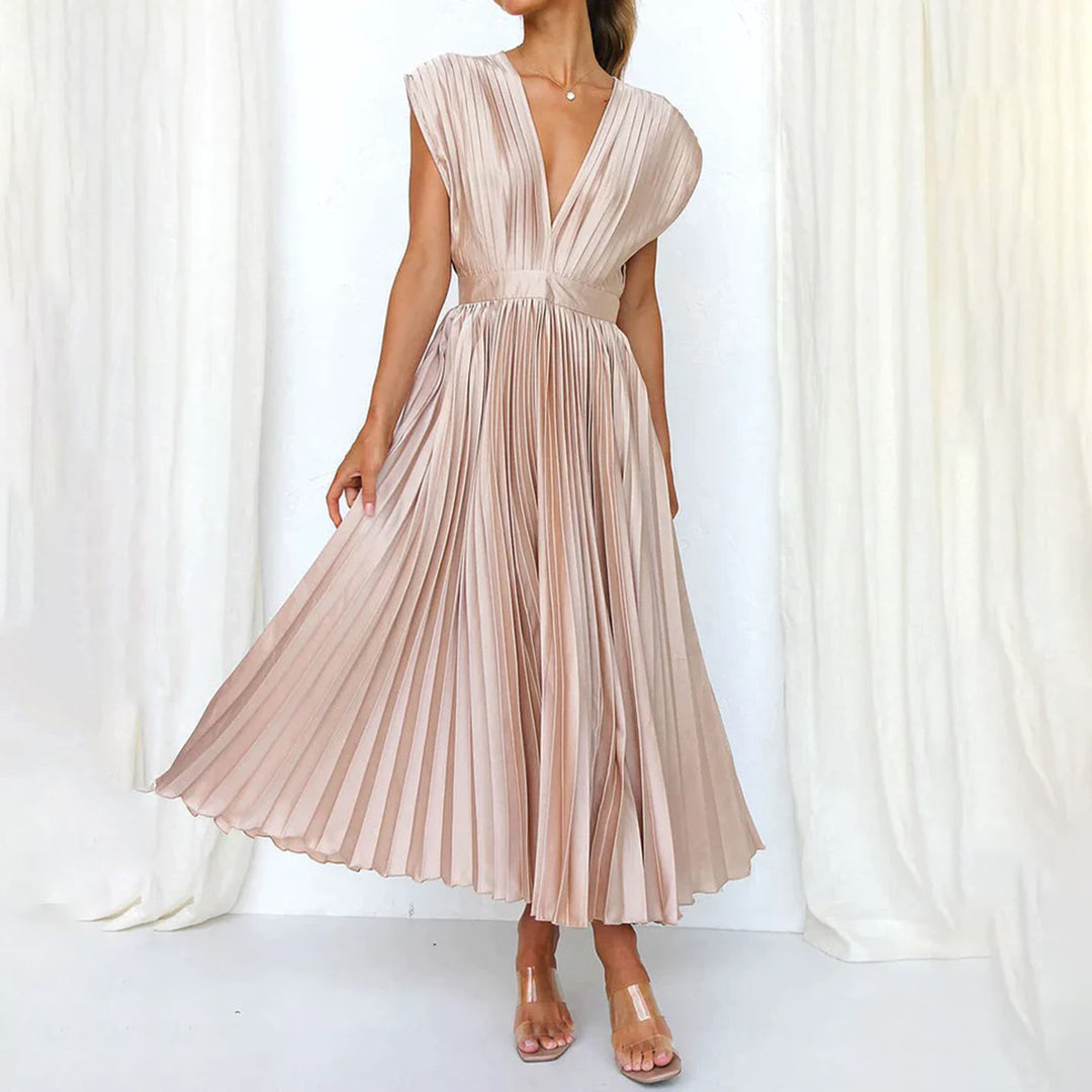 Robe midi plissée pour femme, avec décolleté en V profond, manches courtes et dos ouvert