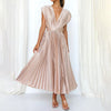 Women's Pleated Midi Dress with Deep V-Neck, Cap Sleeves and Open Back Design