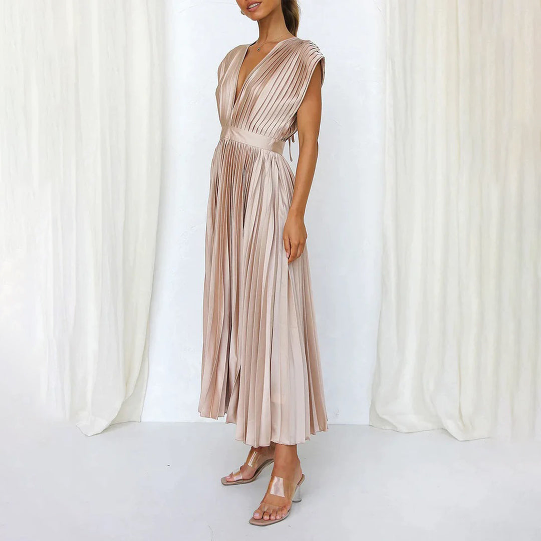 Robe midi plissée pour femme, avec décolleté en V profond, manches courtes et dos ouvert
