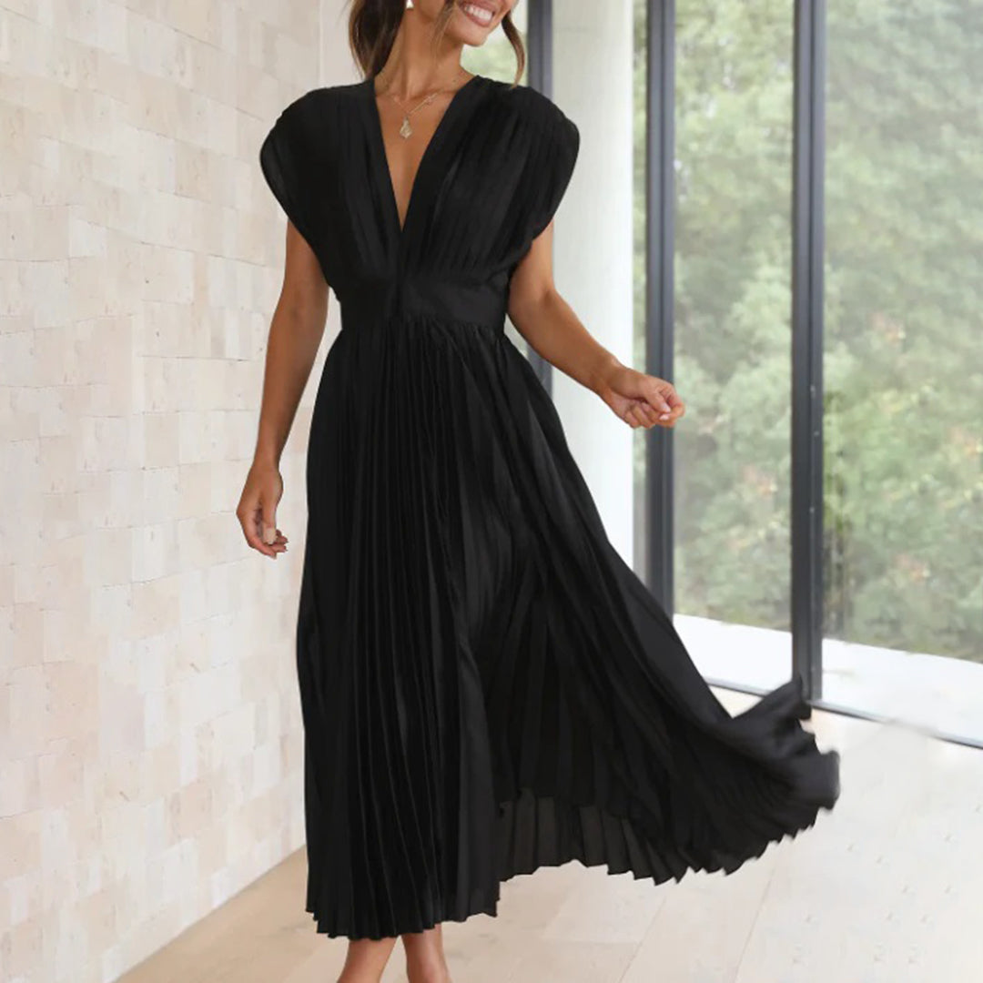Robe midi plissée pour femme, avec décolleté en V profond, manches courtes et dos ouvert