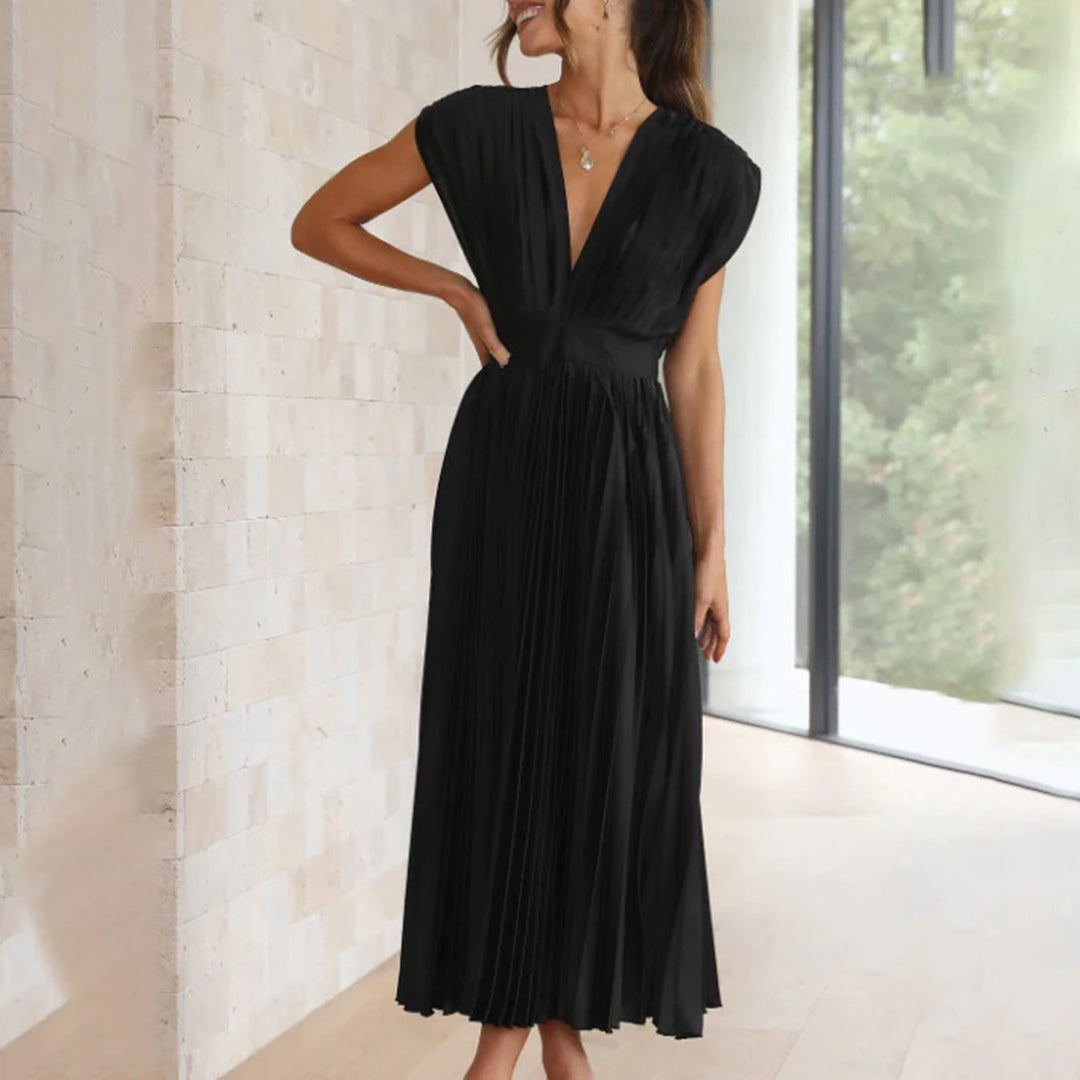 Robe midi plissée pour femme, avec décolleté en V profond, manches courtes et dos ouvert