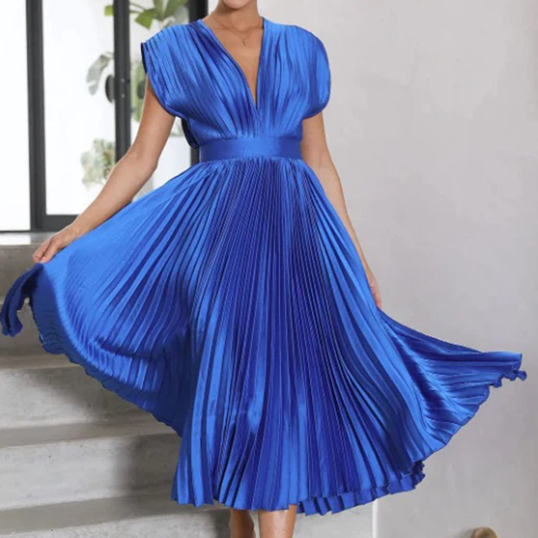 Robe midi plissée pour femme, avec décolleté en V profond, manches courtes et dos ouvert
