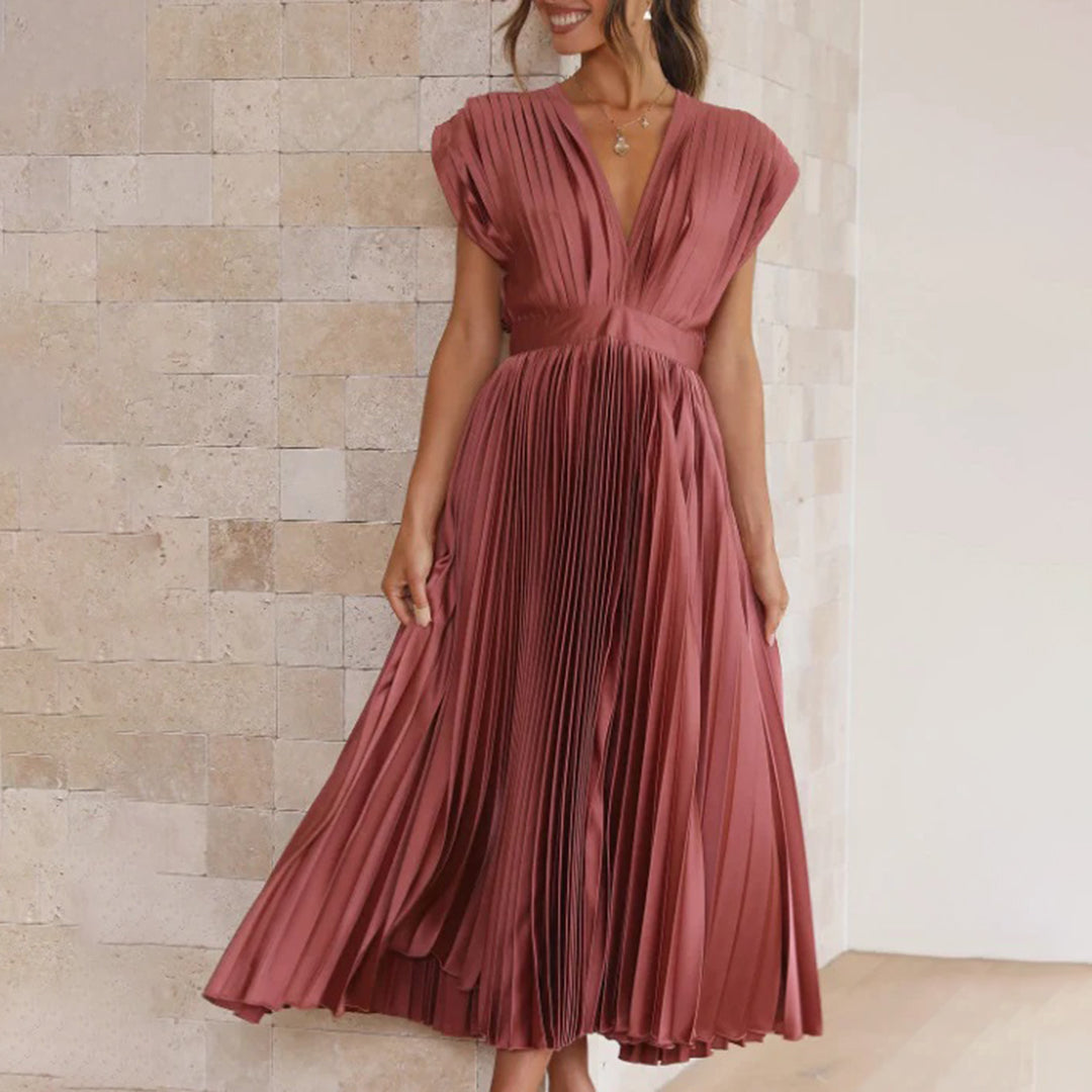 Robe midi plissée pour femme, avec décolleté en V profond, manches courtes et dos ouvert
