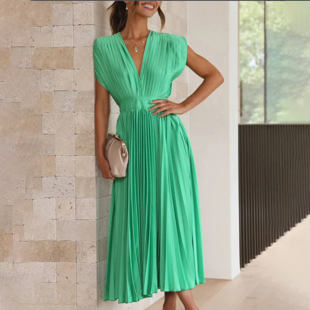 Robe midi plissée pour femme, avec décolleté en V profond, manches courtes et dos ouvert