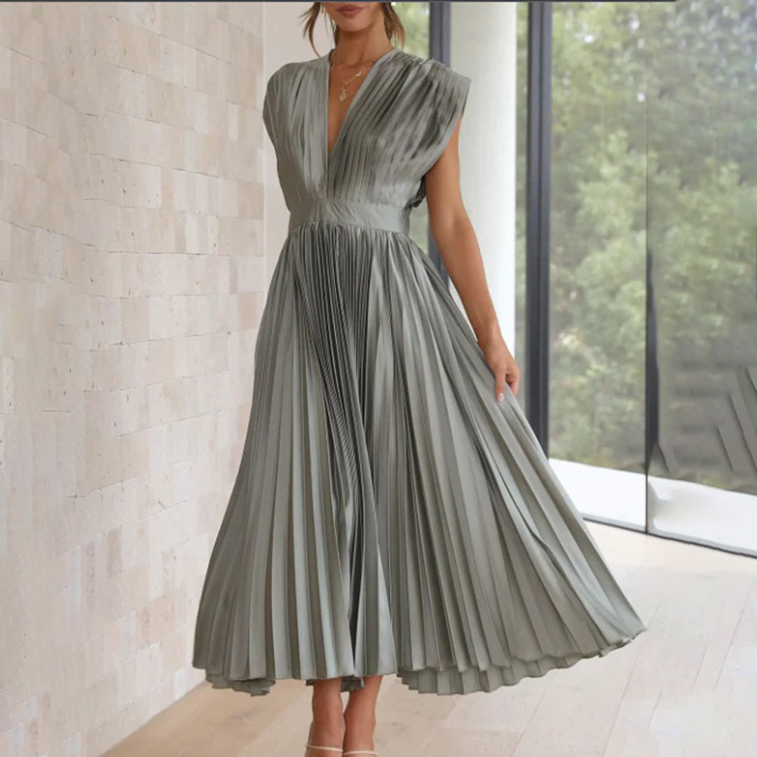 Robe midi plissée pour femme, avec décolleté en V profond, manches courtes et dos ouvert