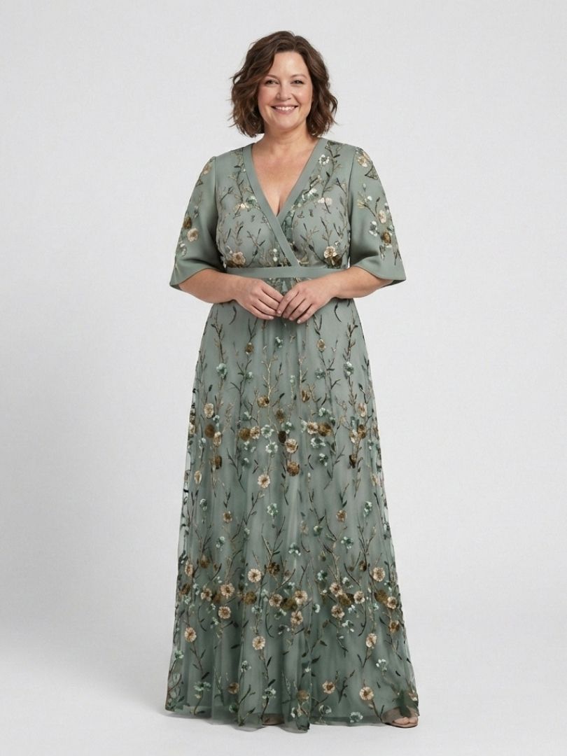 Robe longue fleurie pour femme à col en V, manches transparentes jusqu’aux coudes et taille cintrée