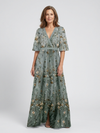 Floral V Neck Maxi Dress with Sheer Elbow-Length Sleeves and Defined Waist