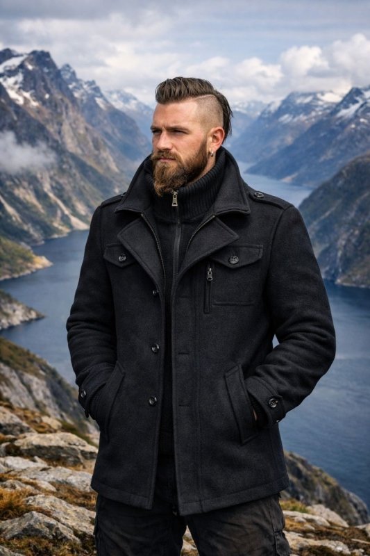 Men's Winter Coat with Zip-Up Closure and Button Accents