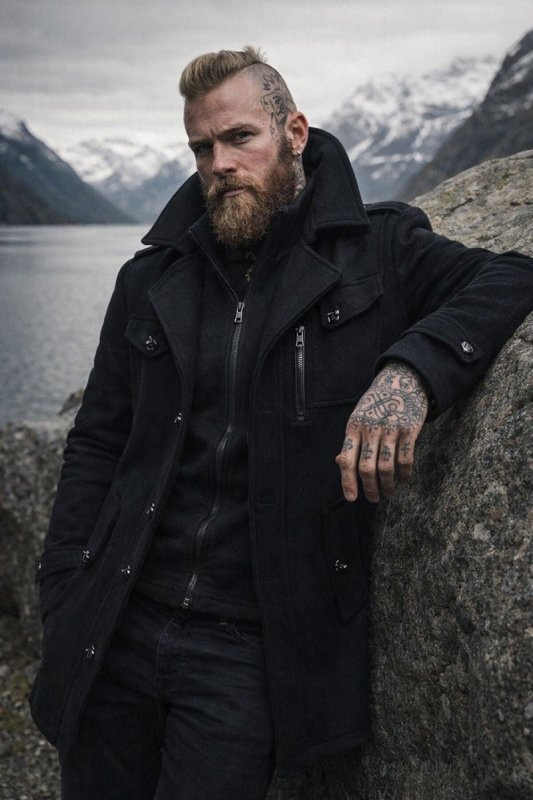 Men's Winter Coat with Zip-Up Closure and Button Accents