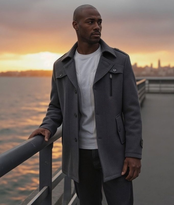 Men's Winter Coat with Zip-Up Closure and Button Accents