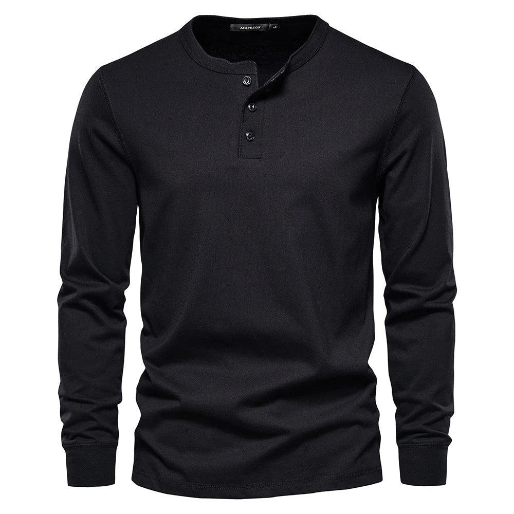 Chemise Henley à manches longues pour homme, fermeture boutonnée, en coton respirant