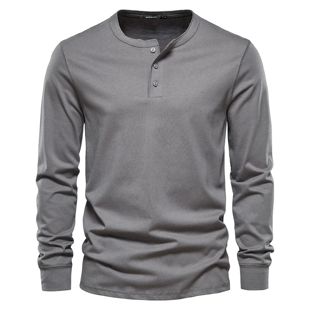 Chemise Henley à manches longues pour homme, fermeture boutonnée, en coton respirant