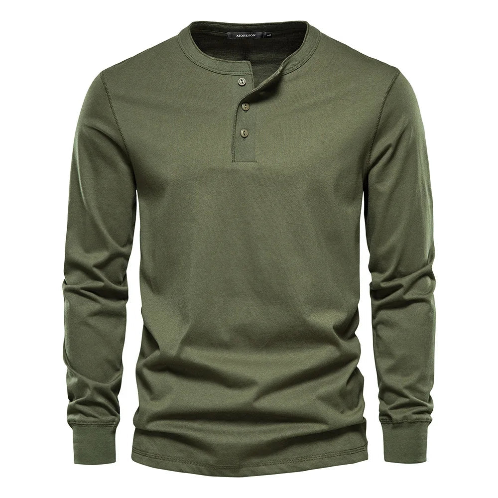 Chemise Henley à manches longues pour homme, fermeture boutonnée, en coton respirant