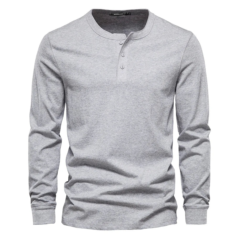Chemise Henley à manches longues pour homme, fermeture boutonnée, en coton respirant