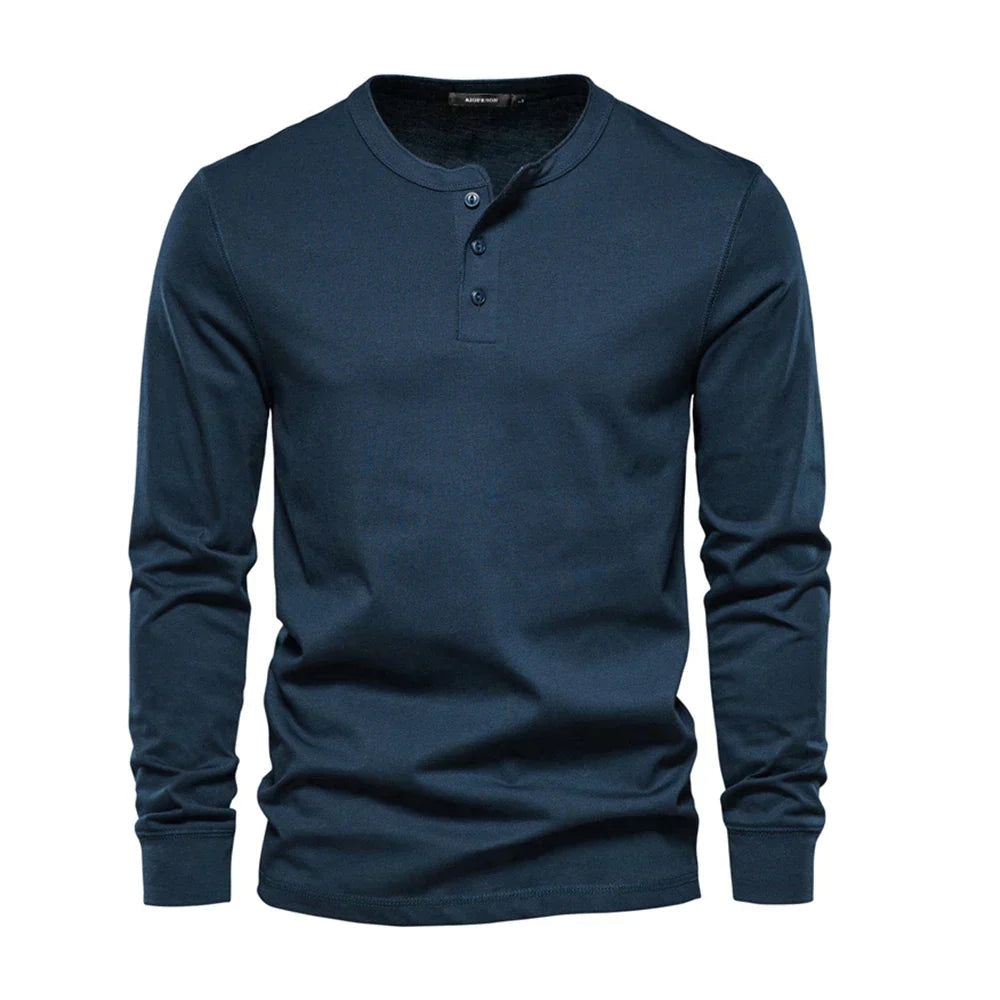 Chemise Henley à manches longues pour homme, fermeture boutonnée, en coton respirant