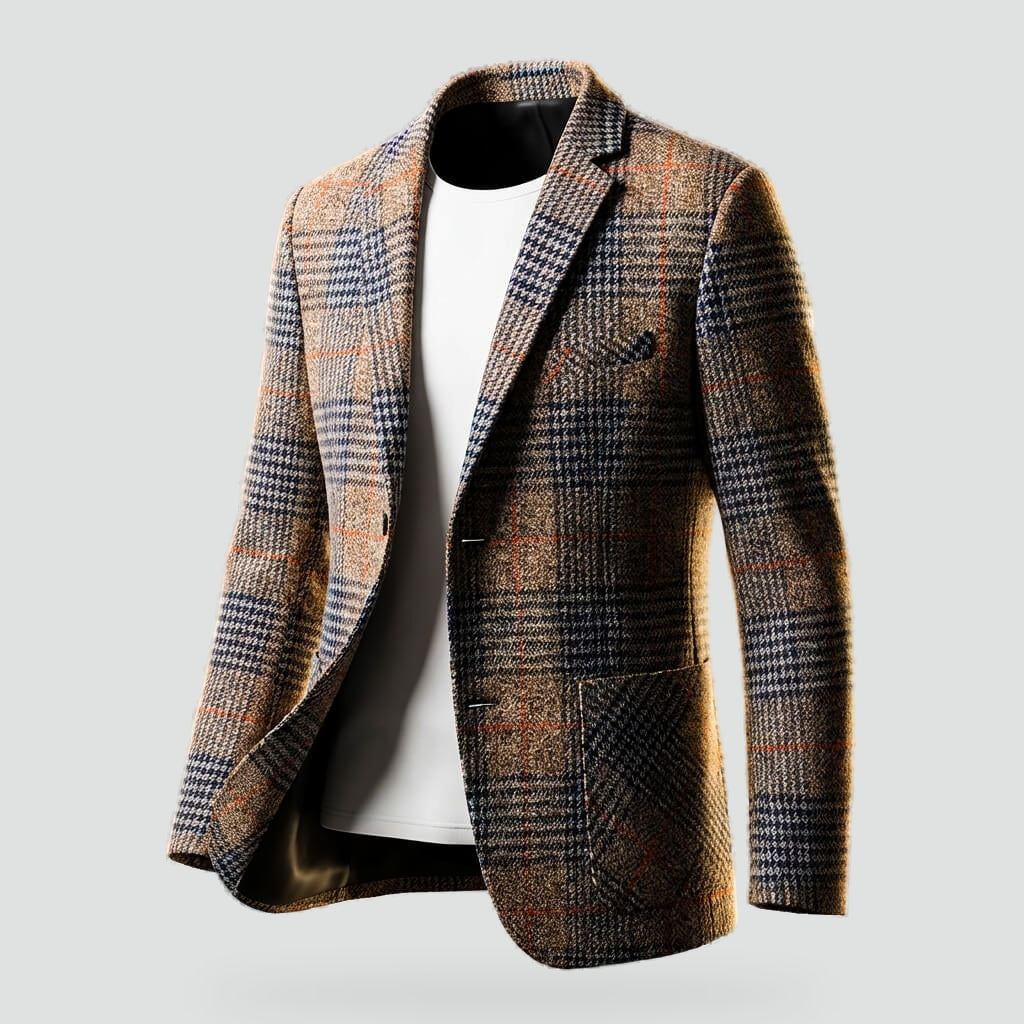 Men's Houndstooth Wool Blend Blazer with Notch Lapels and Tailored Fit