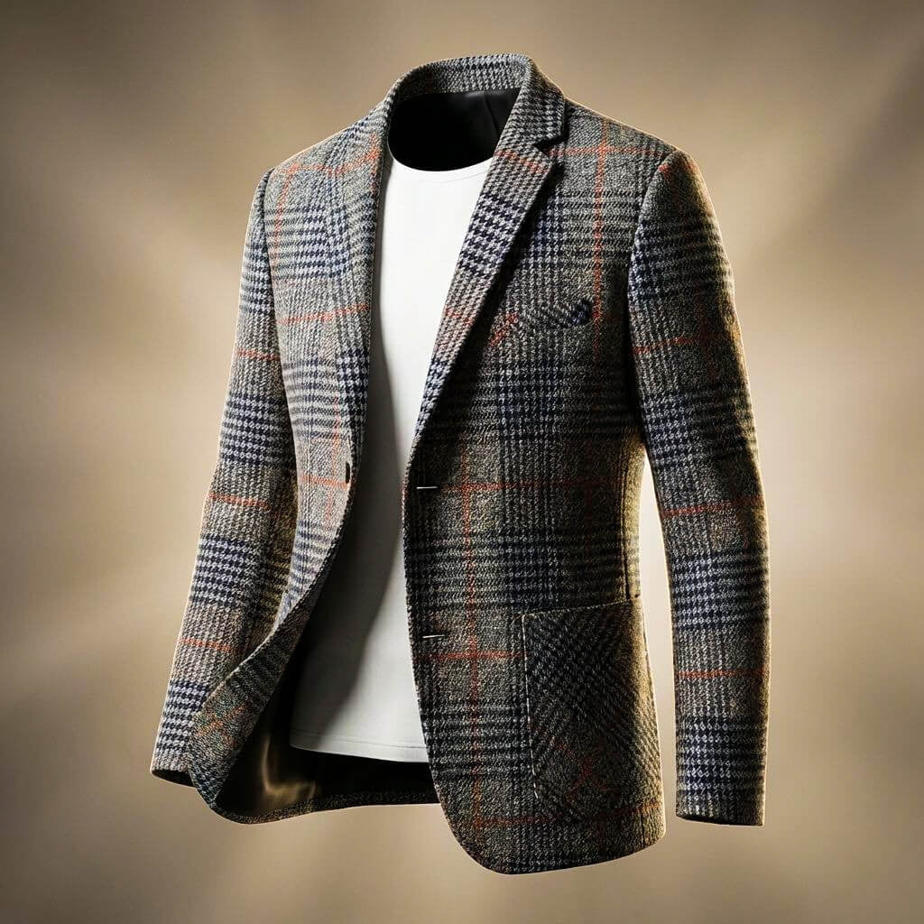 Men's Houndstooth Wool Blend Blazer with Notch Lapels and Tailored Fit