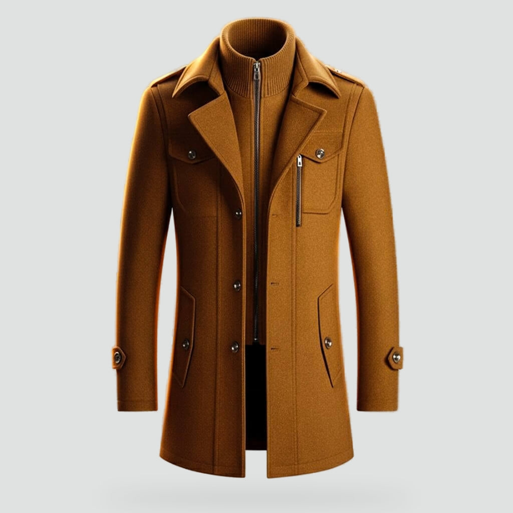 Men's Mid-Length Wool Blend Coat with Double Collar and Zip Closure