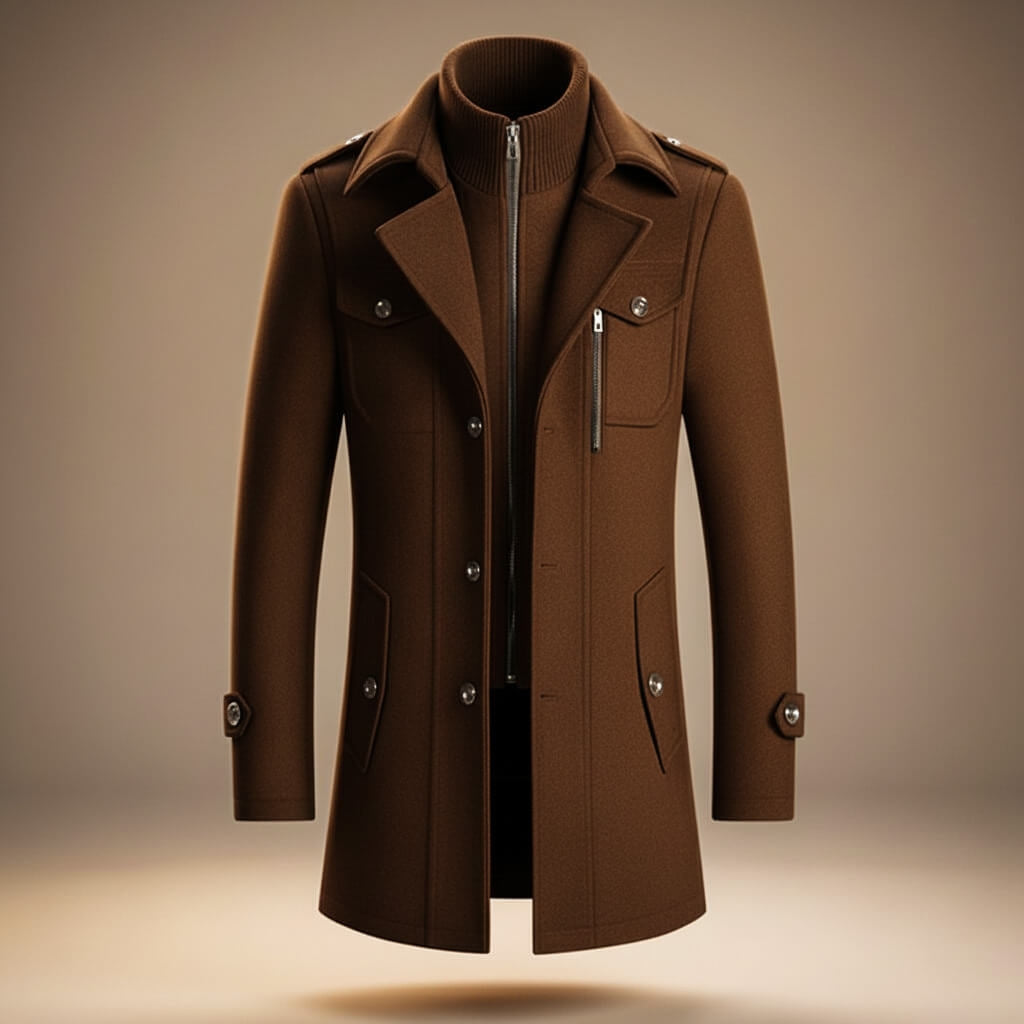 Men's Mid-Length Wool Blend Coat with Double Collar and Zip Closure