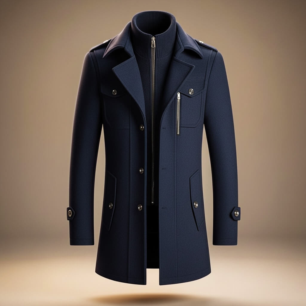 Men's Mid-Length Wool Blend Coat with Double Collar and Zip Closure