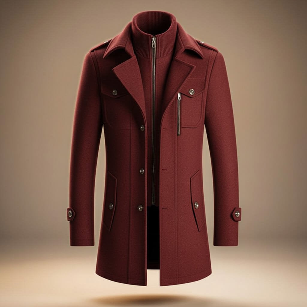Men's Mid-Length Wool Blend Coat with Double Collar and Zip Closure