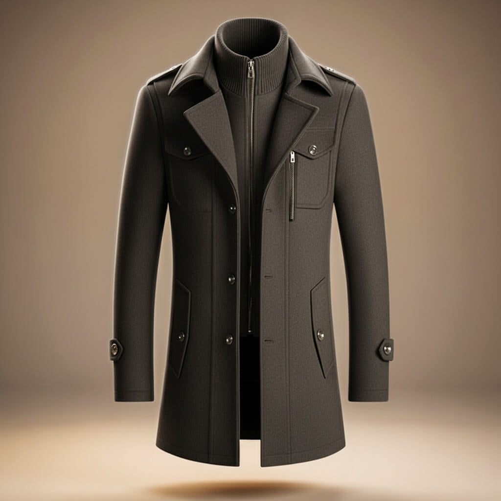 Men's Mid-Length Wool Blend Coat with Double Collar and Zip Closure