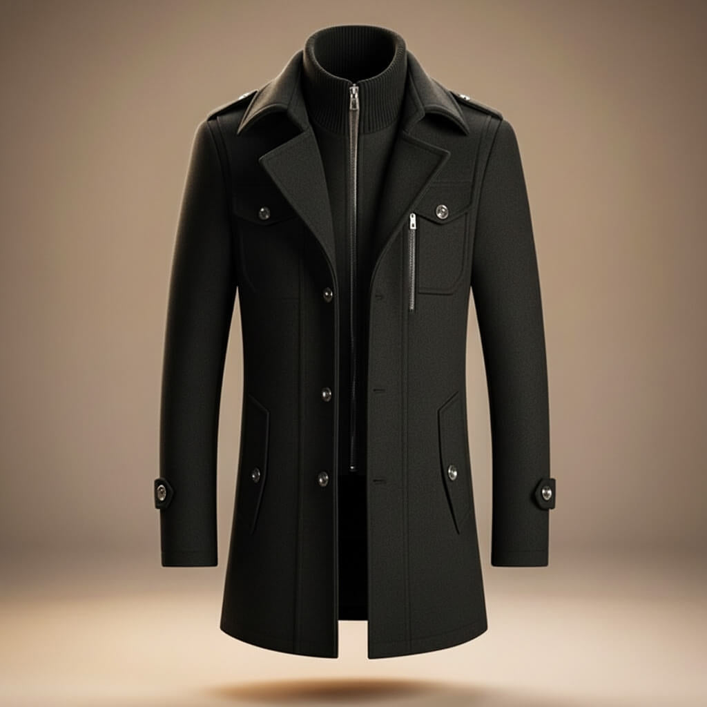 Men's Mid-Length Wool Blend Coat with Double Collar and Zip Closure