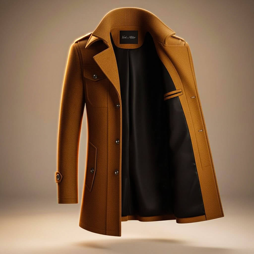 Men's Mid-Length Wool Blend Coat with Double Collar and Zip Closure
